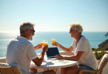 Couple détendu profitant de la retraite à 55 ans sur une terrasse ensoleillée