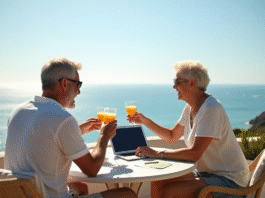 Couple détendu profitant de la retraite à 55 ans sur une terrasse ensoleillée