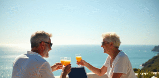 Couple détendu profitant de la retraite à 55 ans sur une terrasse ensoleillée