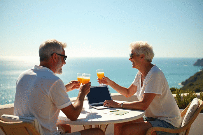 Couple détendu profitant de la retraite à 55 ans sur une terrasse ensoleillée