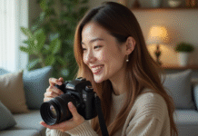 Jeune femme souriante ajustant un appareil photo dans un salon lumineux