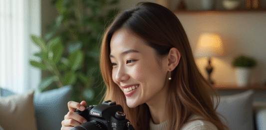 Conseils pratiques pour configurer son appareil sans stress Jeune femme souriante ajustant un appareil photo dans un salon lumineux