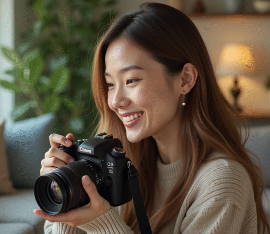 Jeune femme souriante ajustant un appareil photo dans un salon lumineux