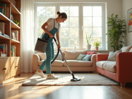 Aide ménagère professionnelle nettoyant un salon lumineux