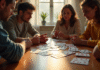 Quatre amis jouent à Mille Bornes autour d'une table ensoleillée