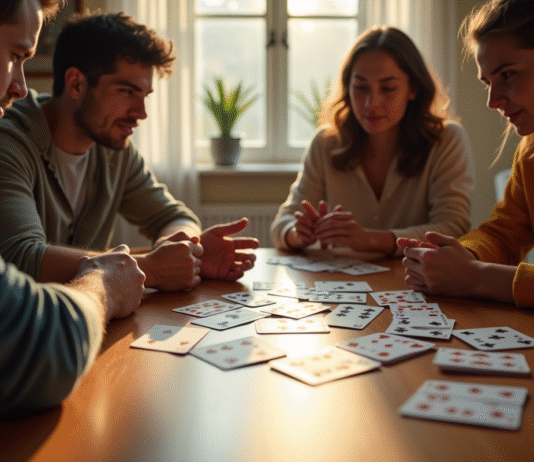 Quatre amis jouent à Mille Bornes autour d'une table ensoleillée