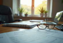 Bureau gouvernemental avec papiers et lunettes de lecture