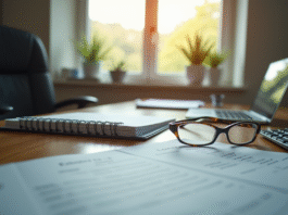 Bureau gouvernemental avec papiers et lunettes de lecture