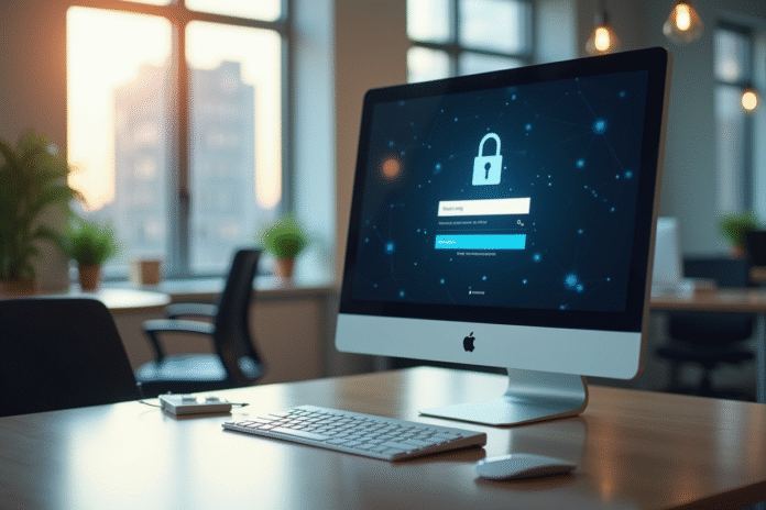 Espace de bureau moderne avec écran de connexion sécurisée