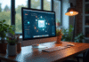 Espace de travail professionnel avec écran lumineux affichant un webmail moderne