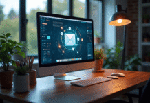 Espace de travail professionnel avec écran lumineux affichant un webmail moderne