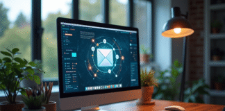 Espace de travail professionnel avec écran lumineux affichant un webmail moderne