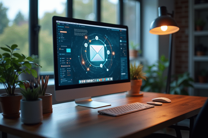 Espace de travail professionnel avec écran lumineux affichant un webmail moderne