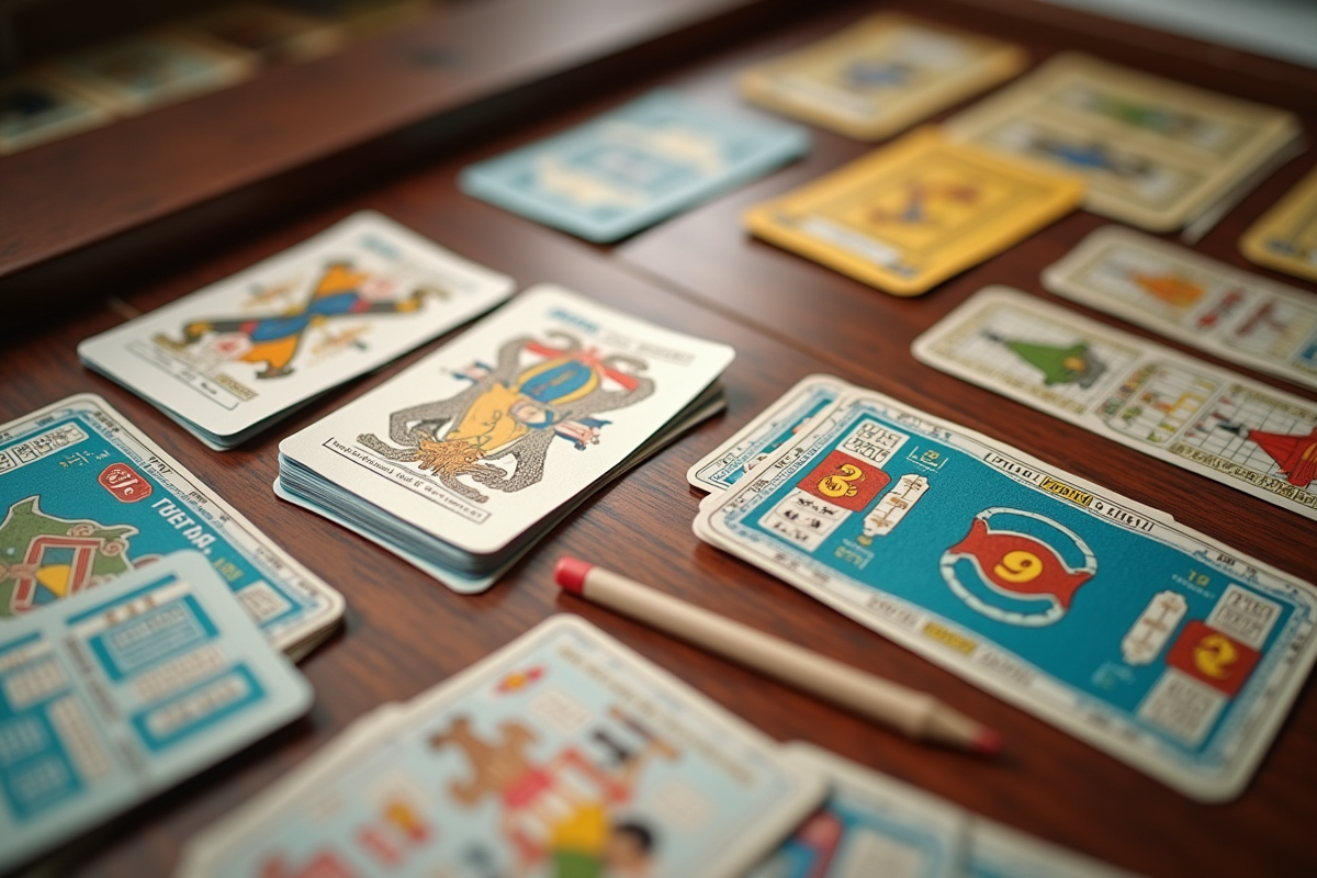Gros plan sur les cartes Mille Bornes bien rangées sur la table