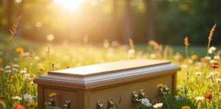 Cercueil biodégradable entouré de fleurs sauvages dans un pré lumineux