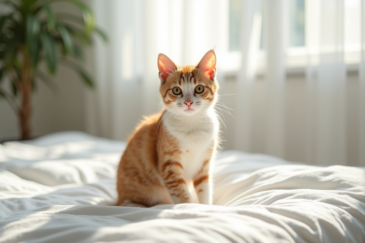 Chat hypoallergenique curieux assis sur un lit blanc en lumière naturelle