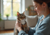 Chat hypoallergenique à poil court caressé par une femme souriante