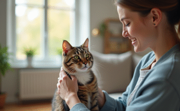 Chat hypoallergenique à poil court caressé par une femme souriante