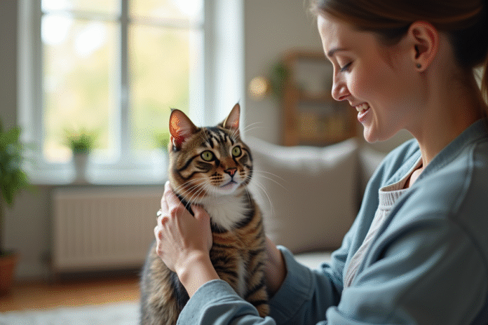 Chat hypoallergenique à poil court caressé par une femme souriante