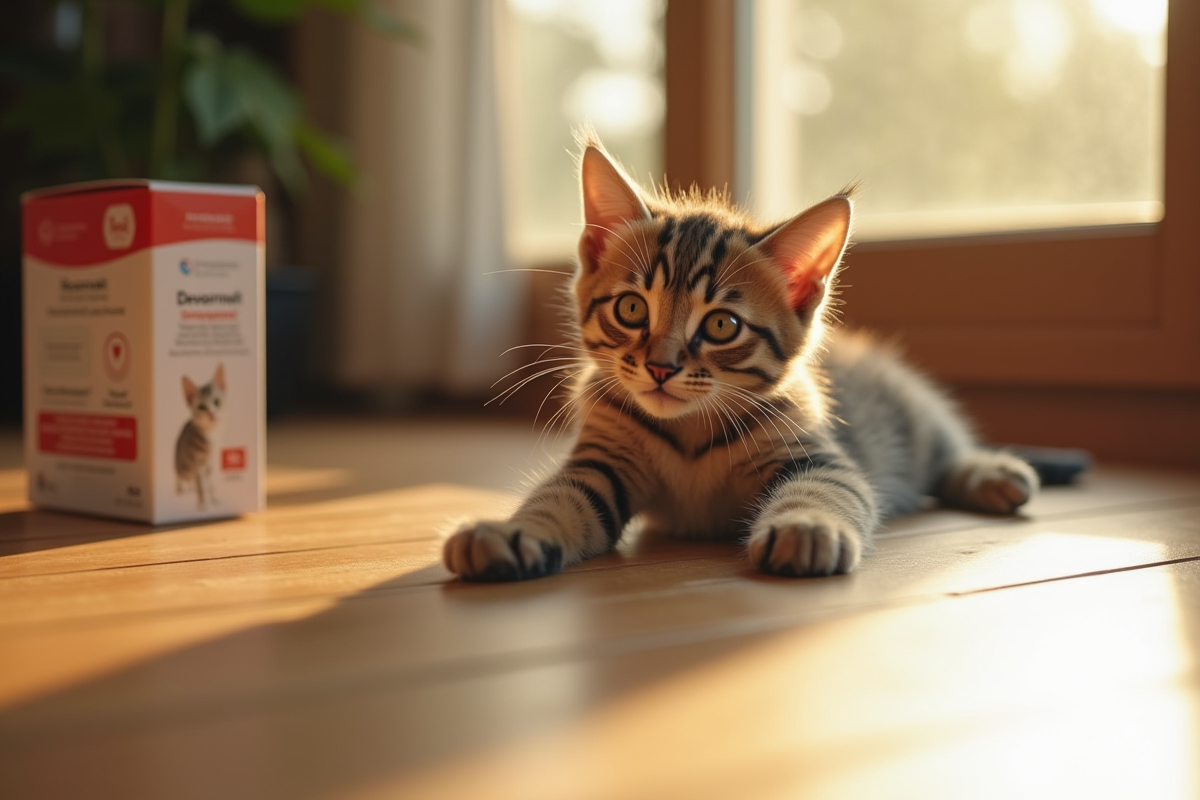 Chaton tigré étiré sur le sol ensoleillé avec boîte de vermifuge à côté