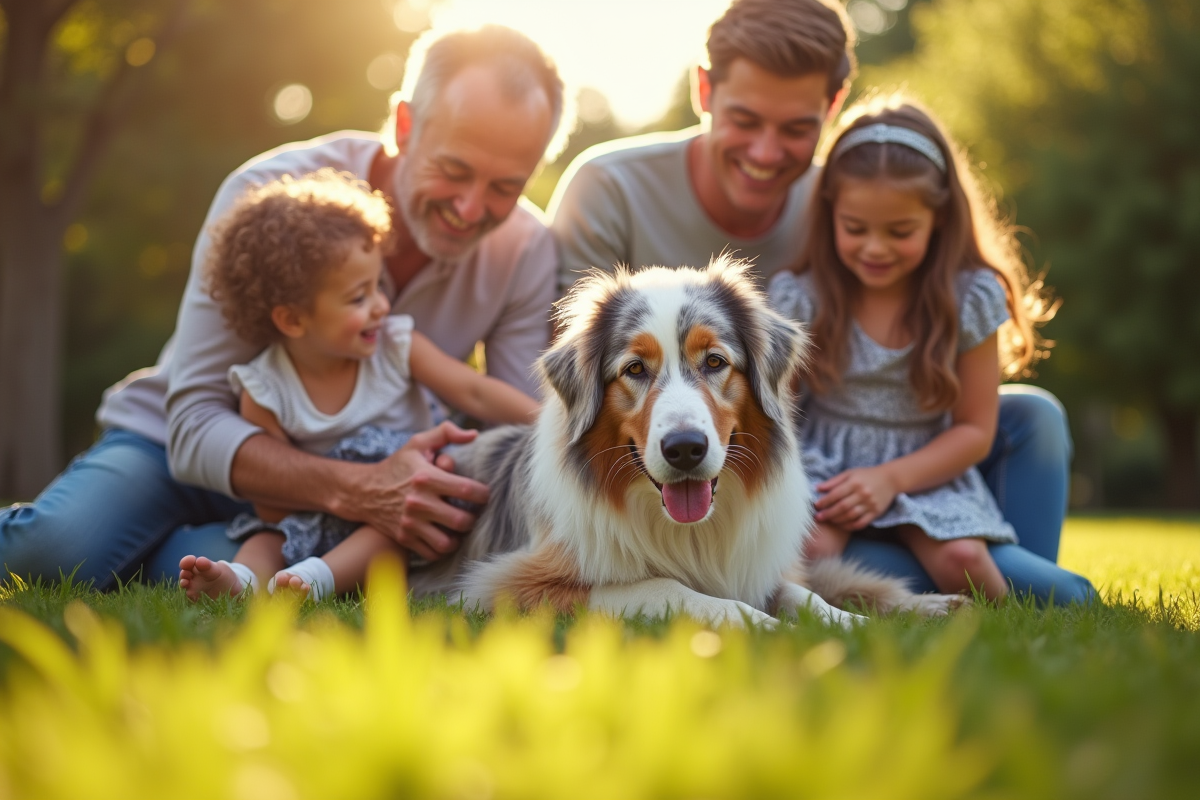 Chien Australian Shepherd âgé avec famille dans le jardin