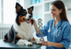 Chien Australian Shepherd avec modèle ADN en clinique