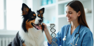 Chien Australian Shepherd avec modèle ADN en clinique