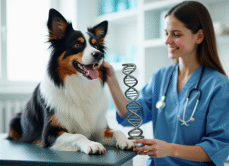 Comment la génétique influe sur l’espérance de vie du berger australien Chien Australian Shepherd avec modèle ADN en clinique
