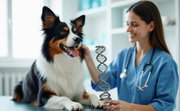 Chien Australian Shepherd avec modèle ADN en clinique