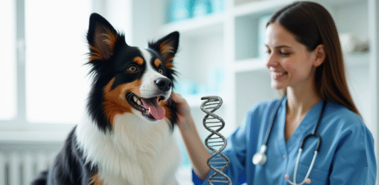 Comment la génétique influe sur l’espérance de vie du berger australien Chien Australian Shepherd avec modèle ADN en clinique