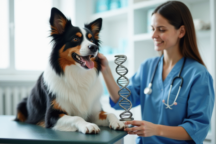 Chien Australian Shepherd avec modèle ADN en clinique