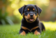Chiot rottweiler assis dans un jardin ensoleille