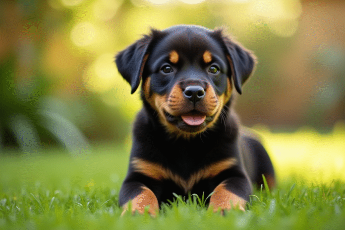 Chiot rottweiler assis dans un jardin ensoleille