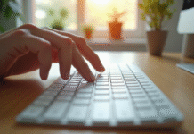 Clavier d'ordinateur moderne sur un bureau lumineux avec touche verticale