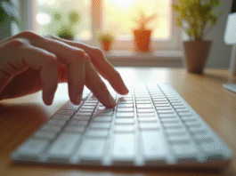 Clavier d'ordinateur moderne sur un bureau lumineux avec touche verticale