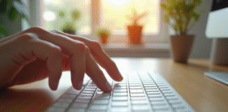 Clavier d'ordinateur moderne sur un bureau lumineux avec touche verticale