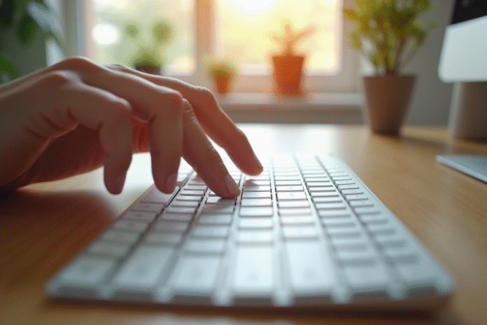 Clavier d'ordinateur moderne sur un bureau lumineux avec touche verticale