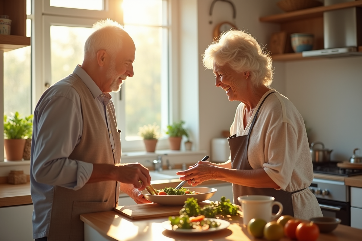 Couple agee cuisinant ensemble dans une cuisine lumineuse