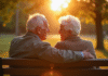 Couple agee assis sur un banc dans un parc souriant