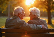 Couple agee assis sur un banc dans un parc souriant