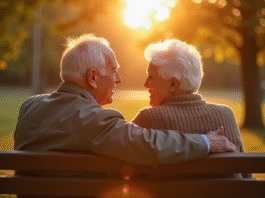 Couple agee assis sur un banc dans un parc souriant