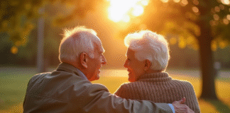 Couple agee assis sur un banc dans un parc souriant
