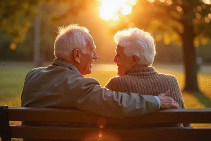 Couple agee assis sur un banc dans un parc souriant