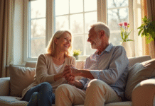 Couple heureux assis sur un sofa lumineux en salon