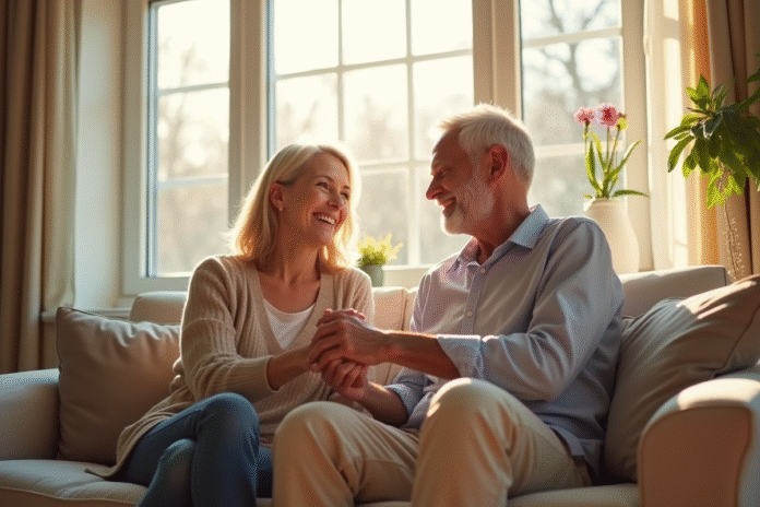 Couple heureux assis sur un sofa lumineux en salon