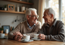Couple d'âge souriant dans la cuisine au matin