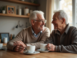 Couple d'âge souriant dans la cuisine au matin