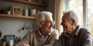 Couple d'âge souriant dans la cuisine au matin
