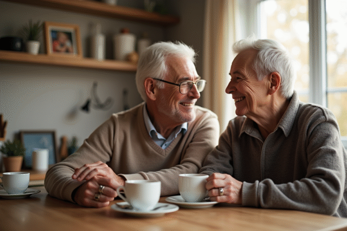 Couple d'âge souriant dans la cuisine au matin