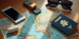 Vue d'ensemble d'articles de voyage essentiels sur une table en bois